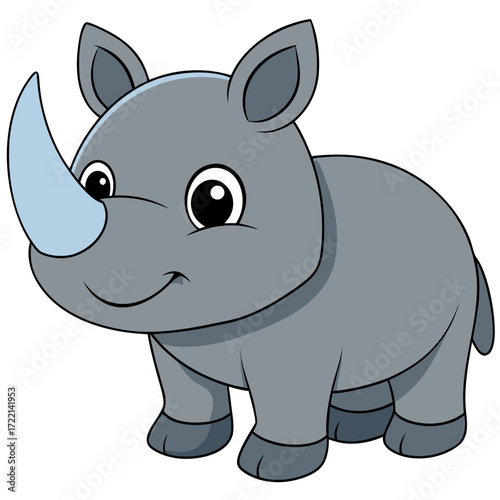 Delightful cartoon rhino character with charming smile and expressive eyes, a symbol of strength and resilience, perfect for children's books or educational materials