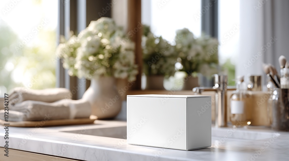 © jj's aura - White box mockup on bathroom counter with flowers and toiletries for product presentation and branding display