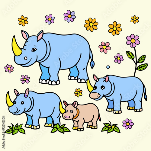 Charming cartoon rhino family with colorful flowers and green foliage, delightful illustration for children's stories and playful designs
