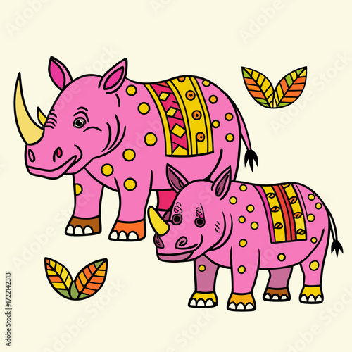 Charming pink rhinoceros mother and baby adorned with vibrant tribal patterns and playful polka dots, perfect for children's themes and joyful designs.