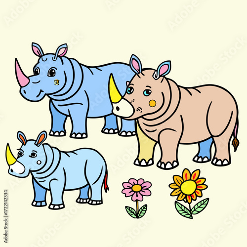 Adorable cartoon rhinos and cheerful flowers create a playful, whimsical scene perfect for children's projects and educational materials, bringing joy and imagination to any design.