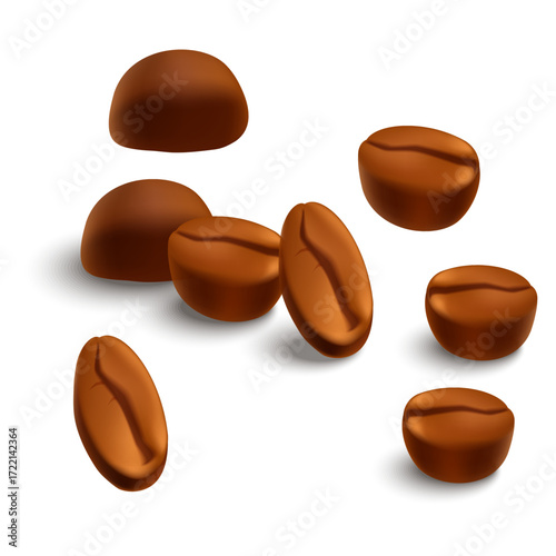 Vector illustration of roasted coffee beans with shadows, isolated on transparent background