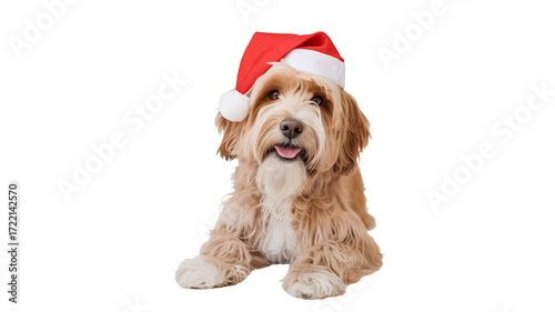 Adorable fluffy dog wearing a santa hat a festive christmas pet portrait isolated on transparent background