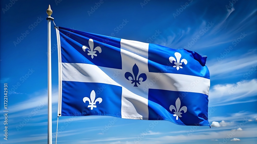 Fototapeta premium Quebec flag waving proudly against a vibrant blue sky with wispy clouds