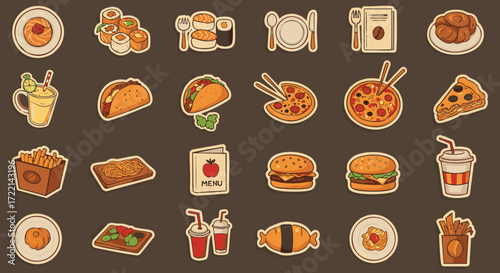 Collection of Delicious Fast Food and Drinks Icons, Including Pizza, Burgers, Tacos, and More