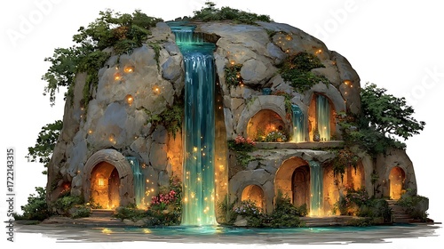 Enchanted fantasy grotto waterfall lights high resolution picture