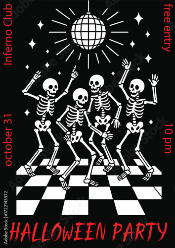 Skeleton Dance Halloween Party Poster perfect for nightclub or holiday event promotions.