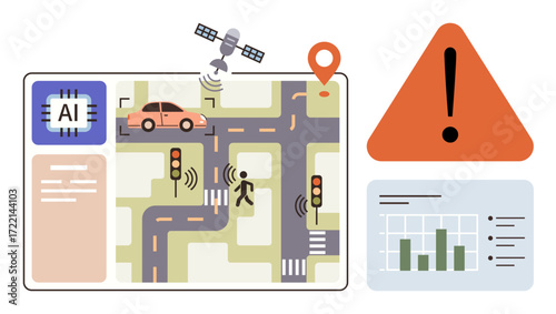 Connected car on a sensor-equipped crossroads, pedestrian sensors, traffic lights, and warning alerts monitored by AI. Ideal for smart city tech, automation, road safety, analytics, transportation