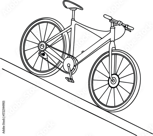 Bicycle on Inclined Plane, Black and White Line Drawing with Detailed Frame and Sloped Surface