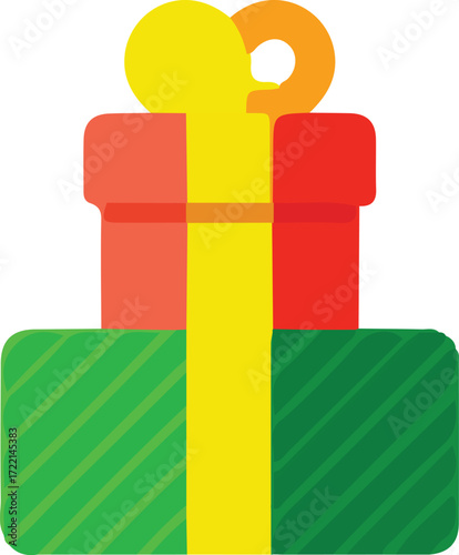 Stack of colorful gift boxes tied with yellow ribbon and a bow