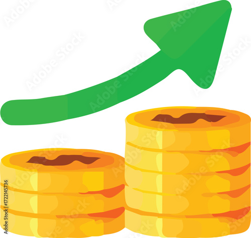 Stacks of gold coins with an upward green arrow