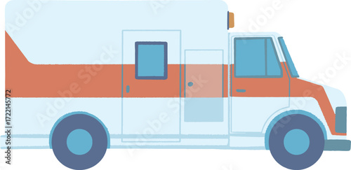 Stylized ambulance with orange stripe and blue wheels
