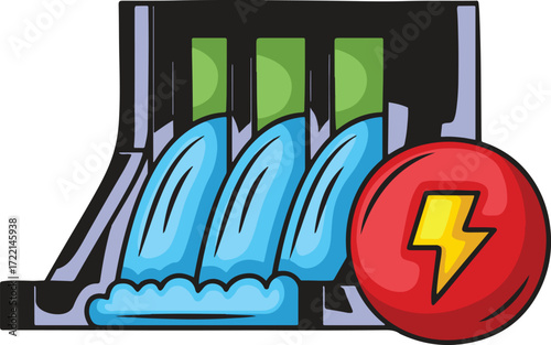 Stylized dam with water flowing and a lightning bolt symbol