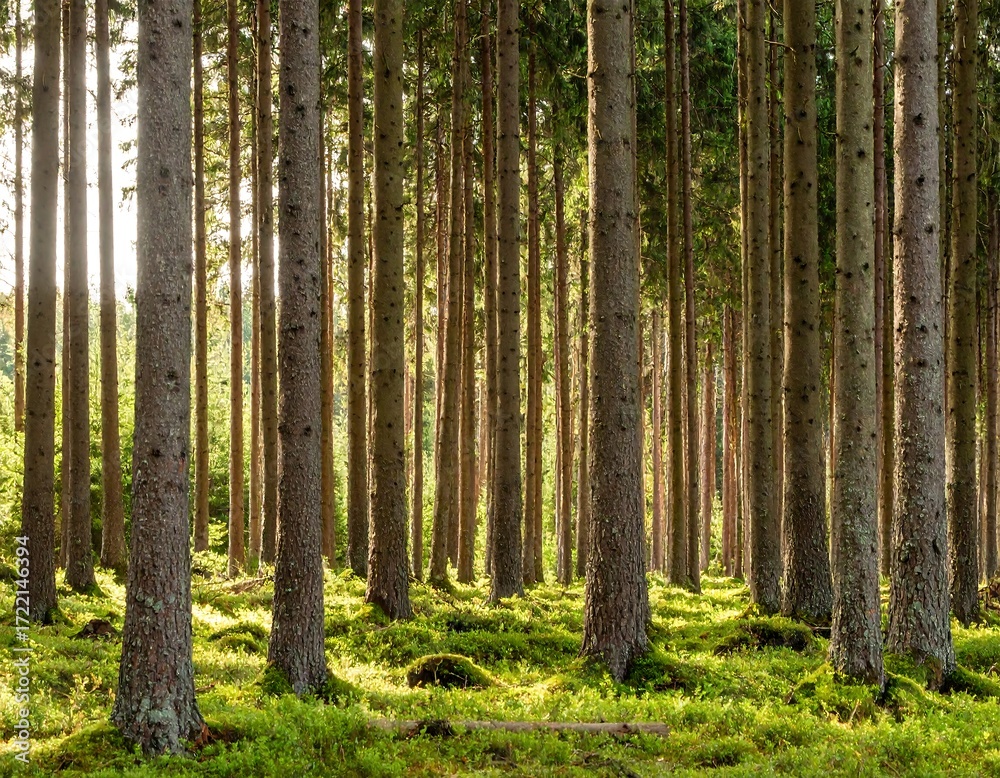 Fototapeta premium Sunlight filters through a dense forest of tall trees
