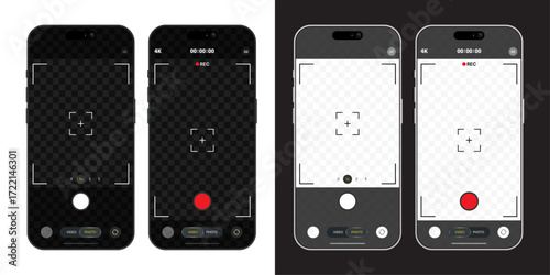 Smartphone camera interface on phone screen, mobile app viewfinder mockup for photo and video recording, digital camera UI template with viewfinder, grid, focus, button and rec. Smartphone mockup for 