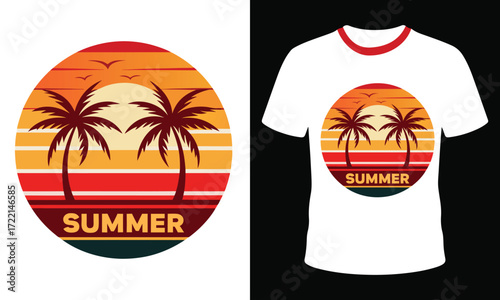 Retro sunset palm trees and the word summer on a t shirt design for a tropical vacation beach vibe