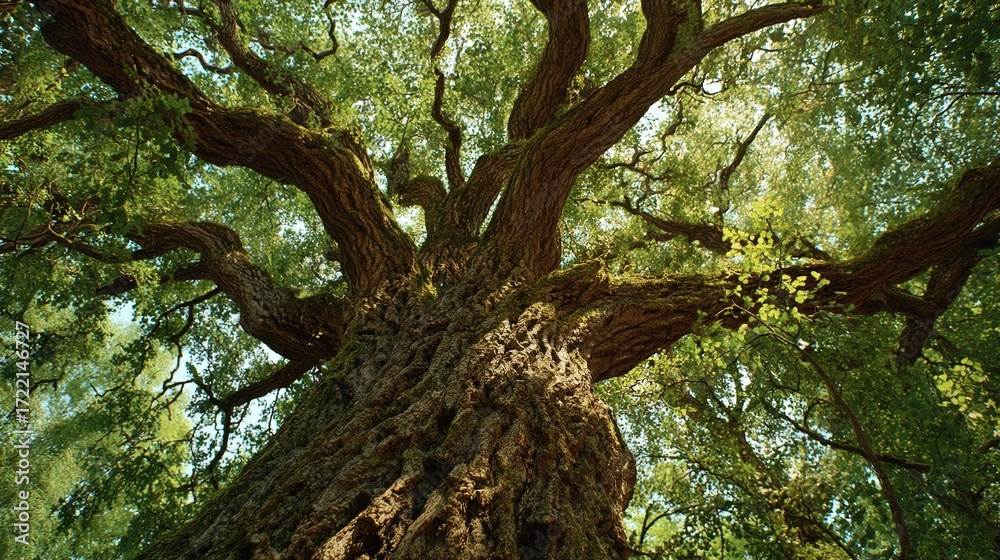 Fototapeta premium Large tree with numerous green leaves on trunk and branches extending to canopy