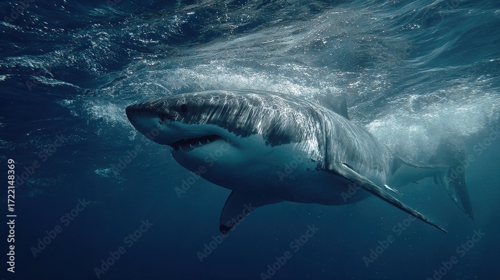 Naklejka premium A magnificent great white shark glides beneath water's surface, mouth agape and jaws bared