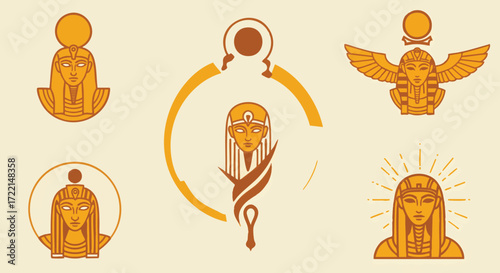 Collection of ancient Egyptian mythological icons with a modern artistic flair