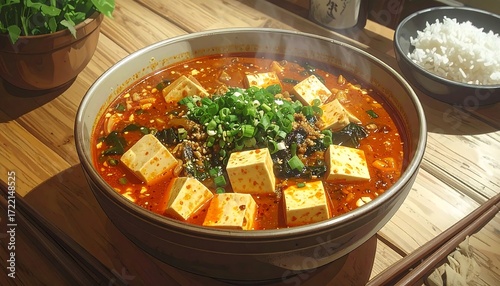 Spicy tofu stew with rice