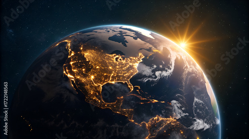 Sunrise over north america from space with city lights