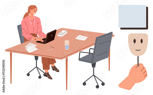Woman typing on laptop at desk with documents, chair, and drink. Hand holding emotional mask and blank board in background. Ideal for workplace, emotion, duality, psychology, identity balance