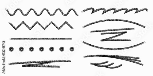 chalk crayon brush collection - straight strokes, dotted rows, wavy patterns, zigzag marks, grunge textures, hand-drawn underline elements for creative borders