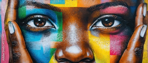 Colorful graffiti face portrait close up eyes hands urban art abstract expression vivid colors textured style