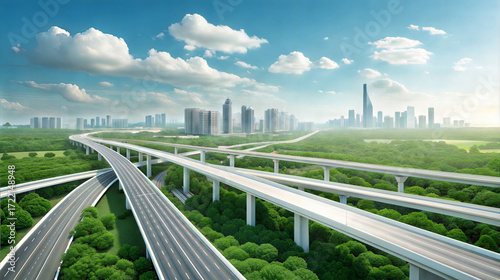 Futuristic cityscape with complex highway interchange and green landscape