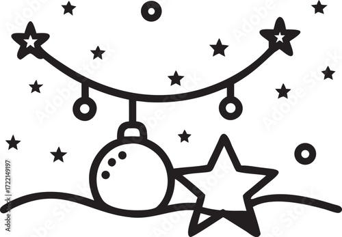 Minimalist Christmas decoration with garland star and bauble 