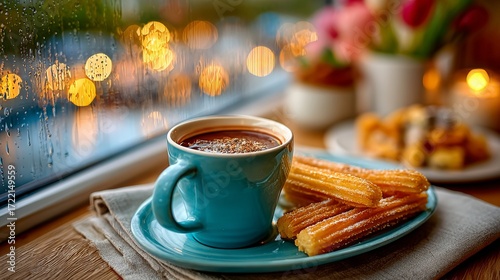 Momento cálido con café y churros en una tarde lluviosa