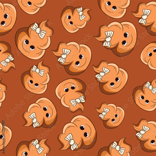 Seamless pattern with kawaii poop on white background. Cartoon poo, feces icons. Shit patterns, evil turd. Vector illustration for invitation, poster, card, fabric, textile. Doodle style.