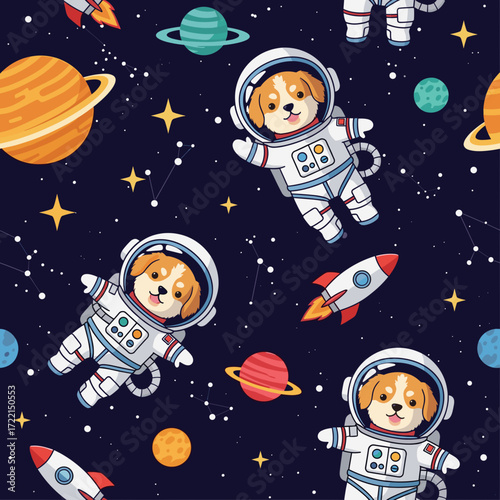 Cute cartoon dogs in astronaut suits floating in starry space with planets and rockets Fun kids adventure