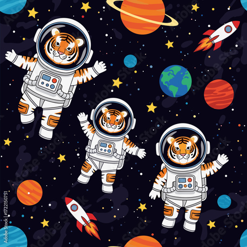 Adorable cartoon tigers in astronaut suits floating through space surrounded by planets and rockets Perfect for kids themes