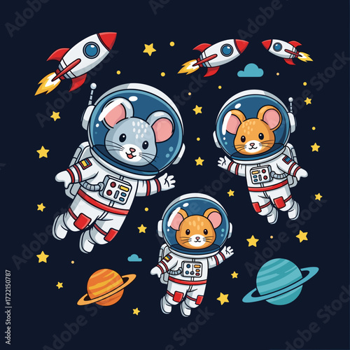 Adorable astronaut mice family exploring space with rockets and planets Childhood wonder and adventure