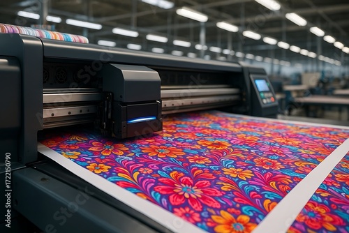 Close up of a large format printer printing a colorful floral design