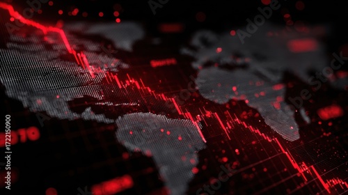 Global financial crisis concept illustrated with a dark world map and a dramatic red downward trend line, symbolizing economic downturn and market instability