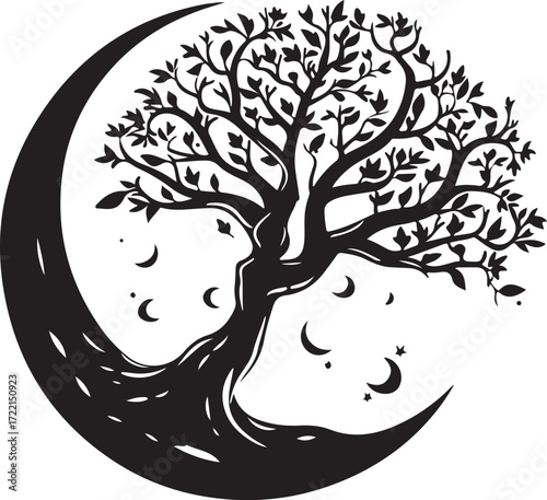 Mystical tree of life embraces crescent moon with falling leaves symbolizing nature and transformation silhouette