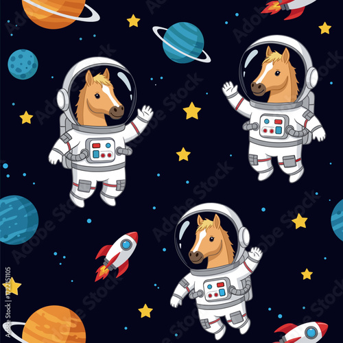 Cute cartoon horses in astronaut suits float happily in space with planets stars and rockets