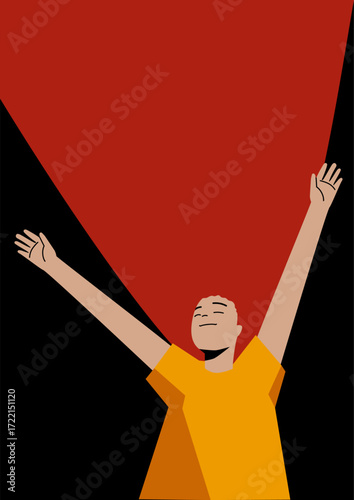 Woman with hair upraised in joy. Happiness and euphoria illustration in a poster style for celebration, freedom, and triumph.