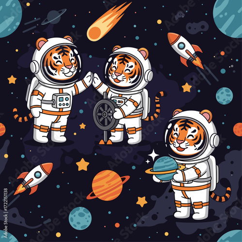 Cute tiger astronauts exploring space interacting happily among planets rockets and stars