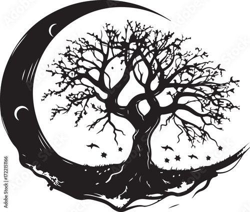 Mystical tree of life growing from crescent moon branches sky silhouette