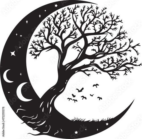 Mystical crescent moon embraces tree of life silhouette symbolizing nature and cosmic connection silhouette