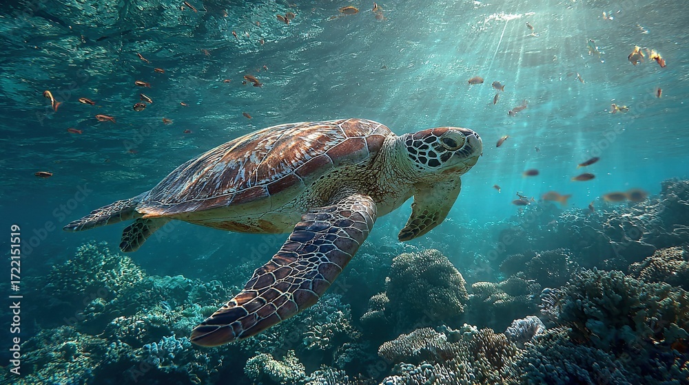 Fototapeta premium Turtle swims in ocean with fish on back and sunbeam in background