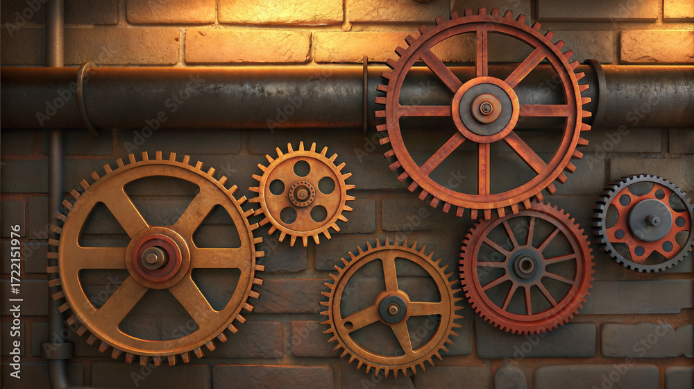 Fototapeta premium Steampunk gears and cogs mounted on a brick wall