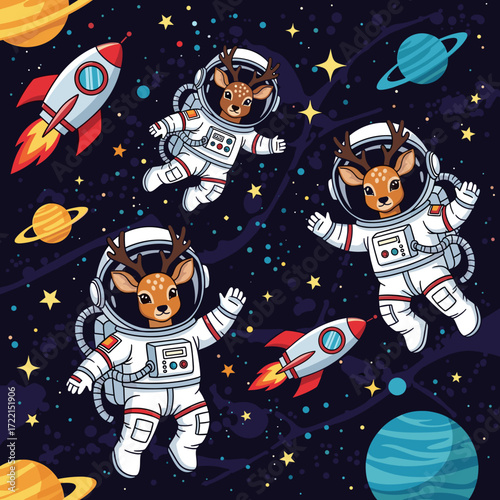 Cute cartoon deer astronauts float in space with rockets and planets inspiring dreams of exploration