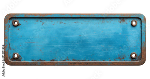Rusty blue metal license plate with screw holes weathered isolated on a transparent background