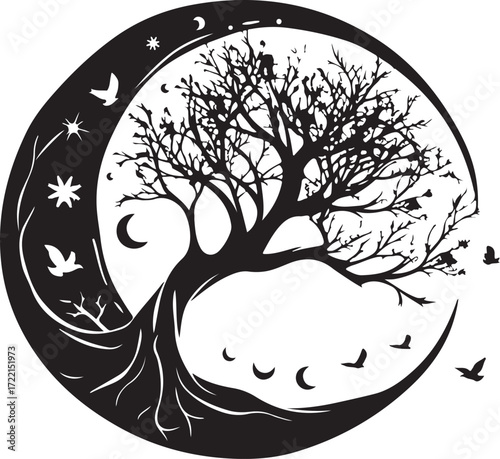 Mystical crescent moon embraces a detailed tree of life with stars and birds silhouette