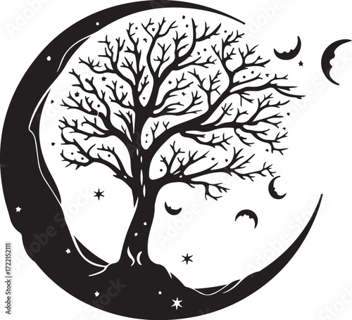 Mystical crescent moon embraces silhouette of a gnarled tree under starlit sky silhouette