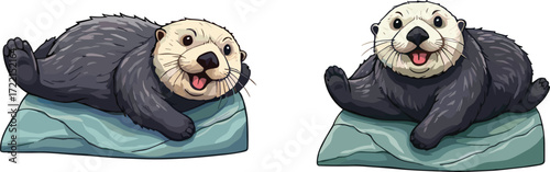 A cute set of two cartoon sea otters, a happy and adorable animal pair resting on a rock, isolated illustration.